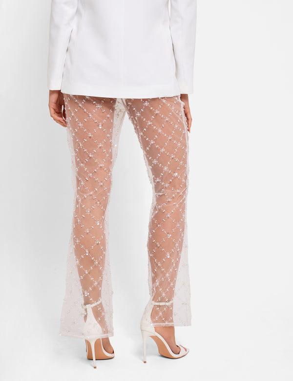 Sheer Embellished Flared Trousers White