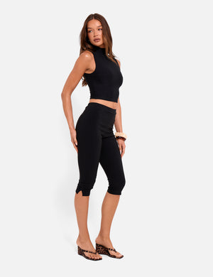 High Waist Bengaline Split Hem Capri Trousers Black