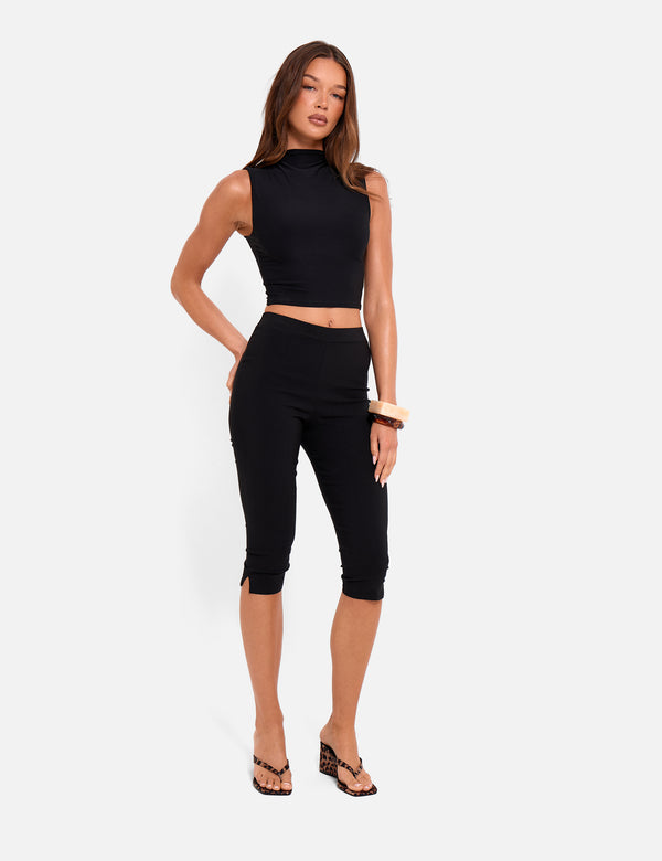 High Waist Bengaline Split Hem Capri Trousers Black