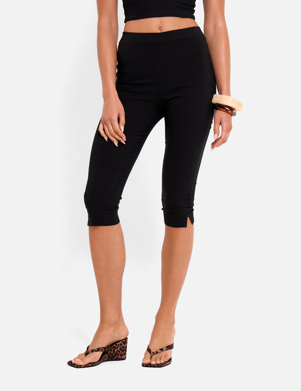 High Waist Bengaline Split Hem Capri Trousers Black