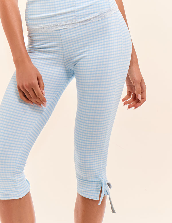 Gingham Lace Trim Capri Pant With Bow Tie Blue And White