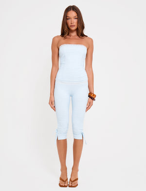 Gingham Lace Trim Capri Pant With Bow Tie Blue And White
