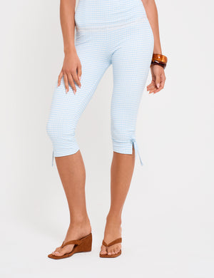 Gingham Lace Trim Capri Pant With Bow Tie Blue And White