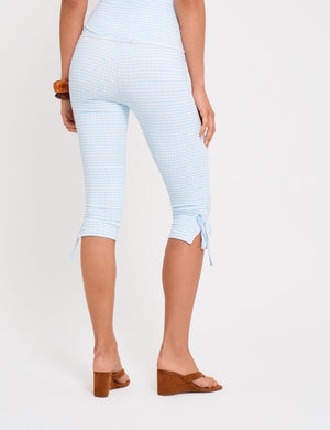 Gingham Lace Trim Capri Pant With Bow Tie Blue And White