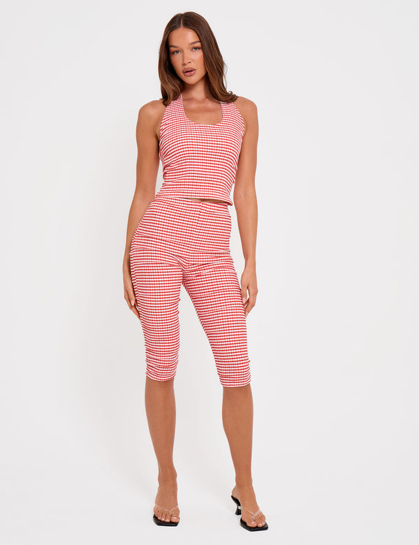 Mid Rise Gingham Capri Pant Red And White