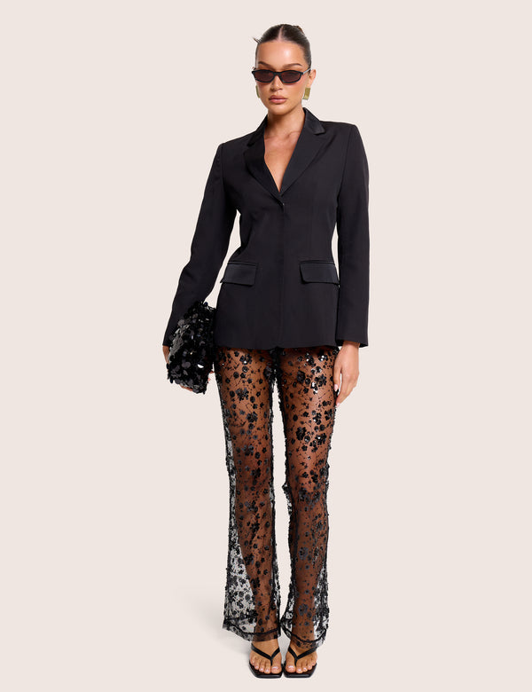 High Waist Sheer Sequin Embellished Flare Trousers Black