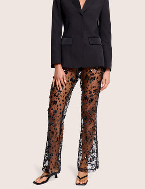 High Waist Sheer Sequin Embellished Flare Trousers Black