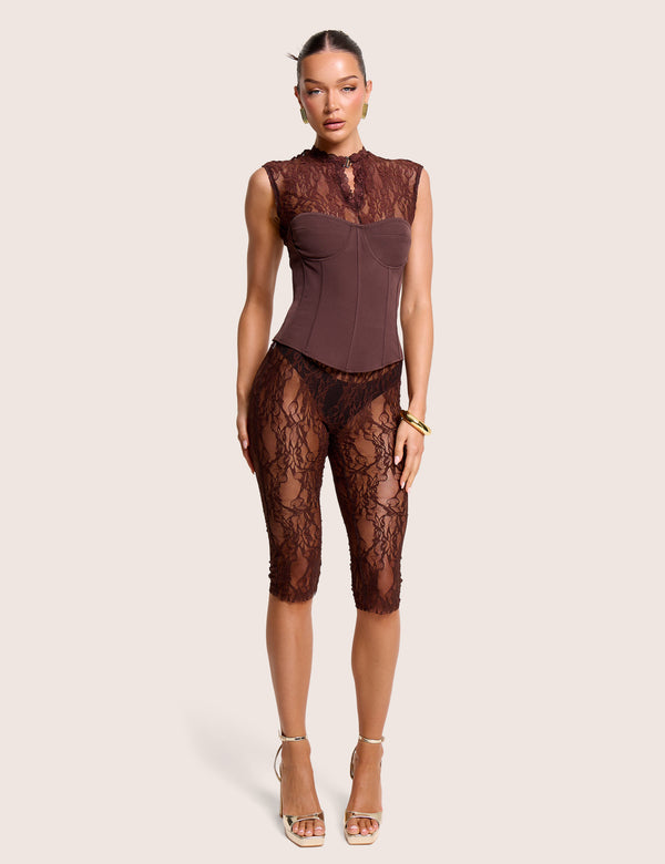 High Waist Sheer Floral Lace Capri Pants Brown