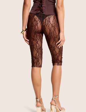 High Waist Sheer Floral Lace Capri Pants Brown
