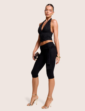 High Waist Lace Knot Tie Capri Black