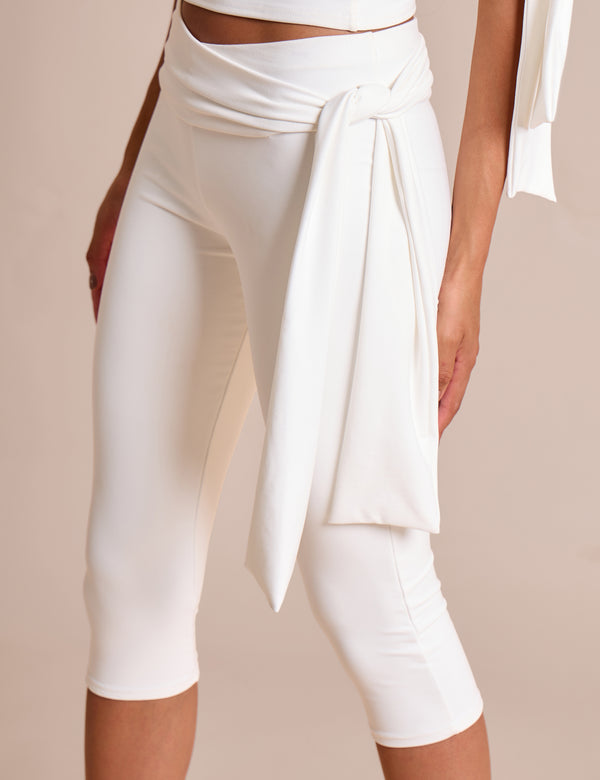 Knot Detail Tie Side Luxe Slinky Capri Pants White