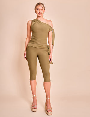 Knot Detail Tie Side Luxe Slinky Capri Pants Khaki