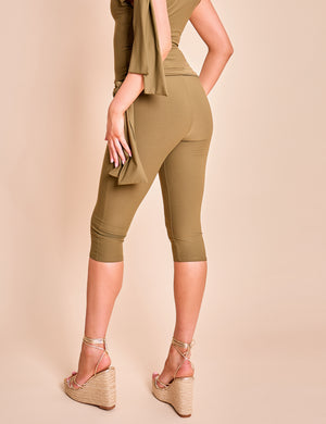 Knot Detail Tie Side Luxe Slinky Capri Pants Khaki