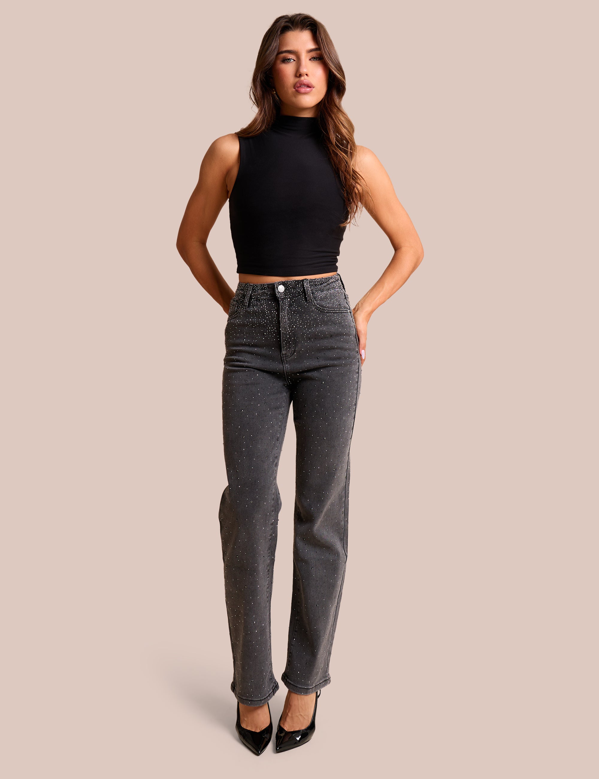 Straight Leg Stretch Stud Detail Black Jeans | Public Desire