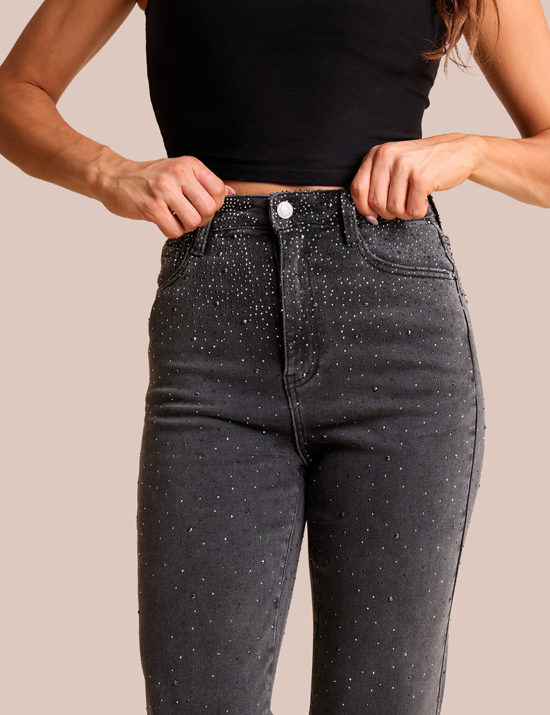 Straight Leg Stretch Stud Detail Black Jeans | Public Desire