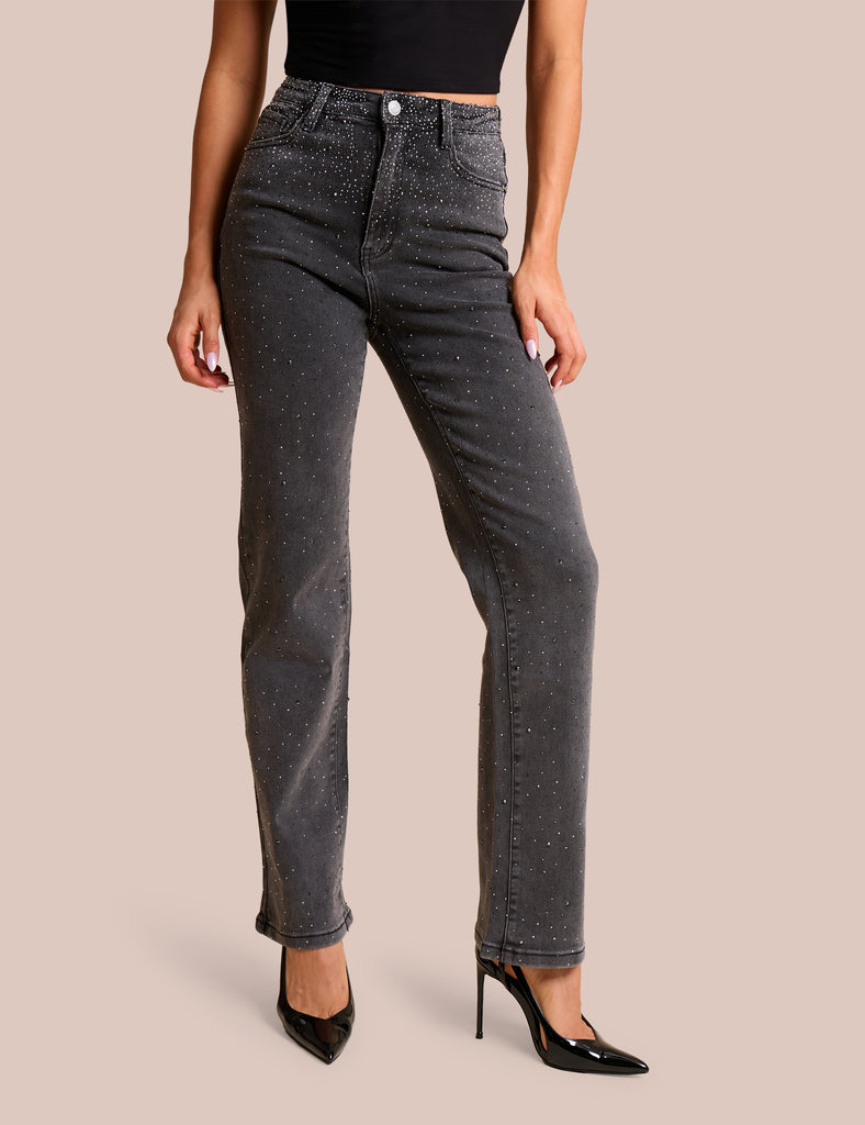 Straight Leg Stretch Stud Detail Black Jeans | Public Desire