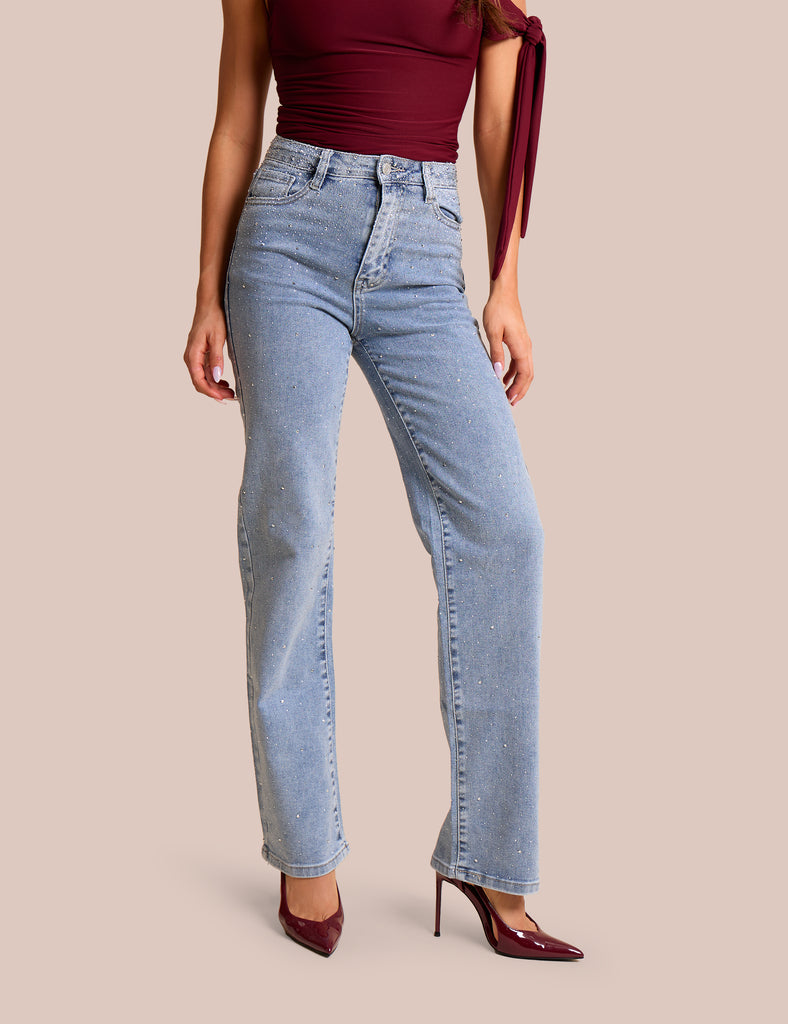 Straight Leg Stretch Stud Detail Blue Jeans | Public Desire