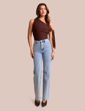 Clear Diamante Straight Fit High Rise Demin Blue Jeans