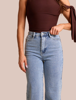 Clear Diamante Straight Fit High Rise Denim Blue Jeans