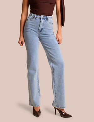 Clear Diamante Straight Fit High Rise Demin Blue Jeans