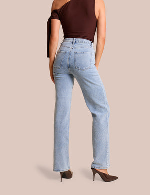Clear Diamante Straight Fit High Rise Demin Blue Jeans