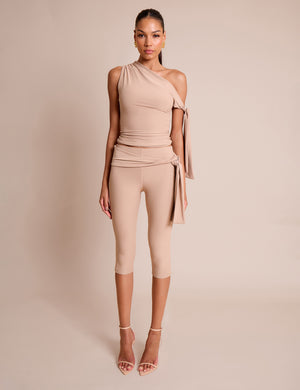 Knot Detail Tie Side Luxe Slinky Capri Pants Stone