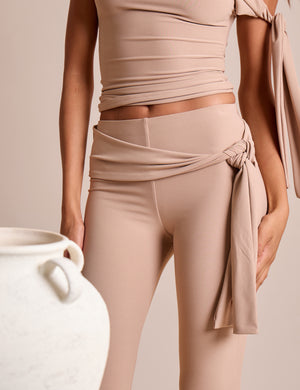 Knot Detail Tie Side Luxe Slinky Capri Pants Stone