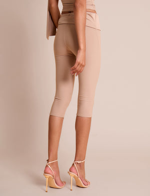 Knot Detail Tie Side Luxe Slinky Capri Pants Stone