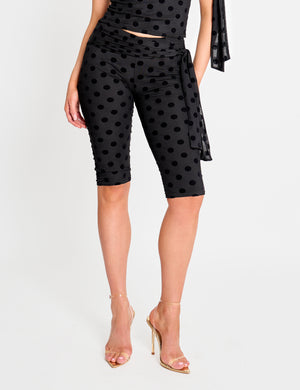 Knot Detail Tie Side Polka Dot Devore Capri Pants Black