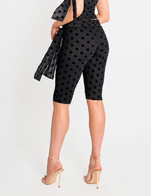 Knot Detail Tie Side Polka Dot Devore Capri Pants Black