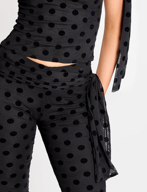 Knot Detail Tie Side Polka Dot Devore Capri Pants Black