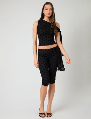 Knot Detail Tie Side Polka Dot Devore Capri Pants Black