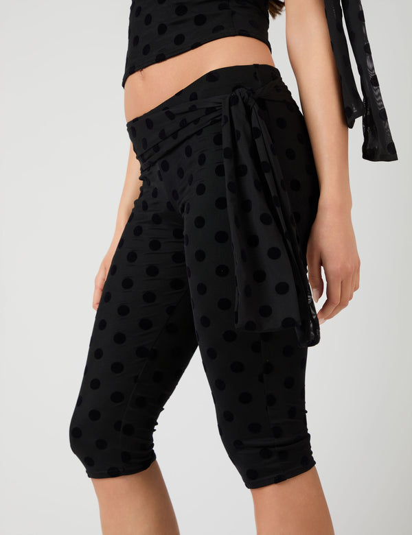 Knot Detail Tie Side Polka Dot Devore Capri Pants Black
