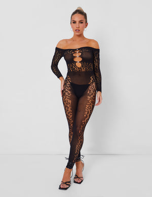 Mesh Lace Panel Unitard Black