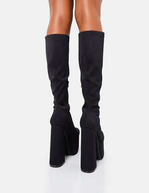 Polished Black Nylon Platform Rounded Square Toe Block Heeled Knee High Boots