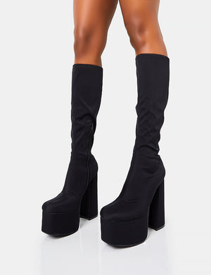 Polished Black Nylon Platform Rounded Square Toe Block Heeled Knee High Boots