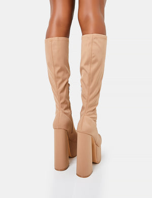 Polished Taupe Nylon Platform Rounded Square Toe Block Heeled Knee High Boots