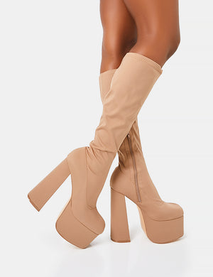 Polished Taupe Nylon Platform Rounded Square Toe Block Heeled Knee High Boots