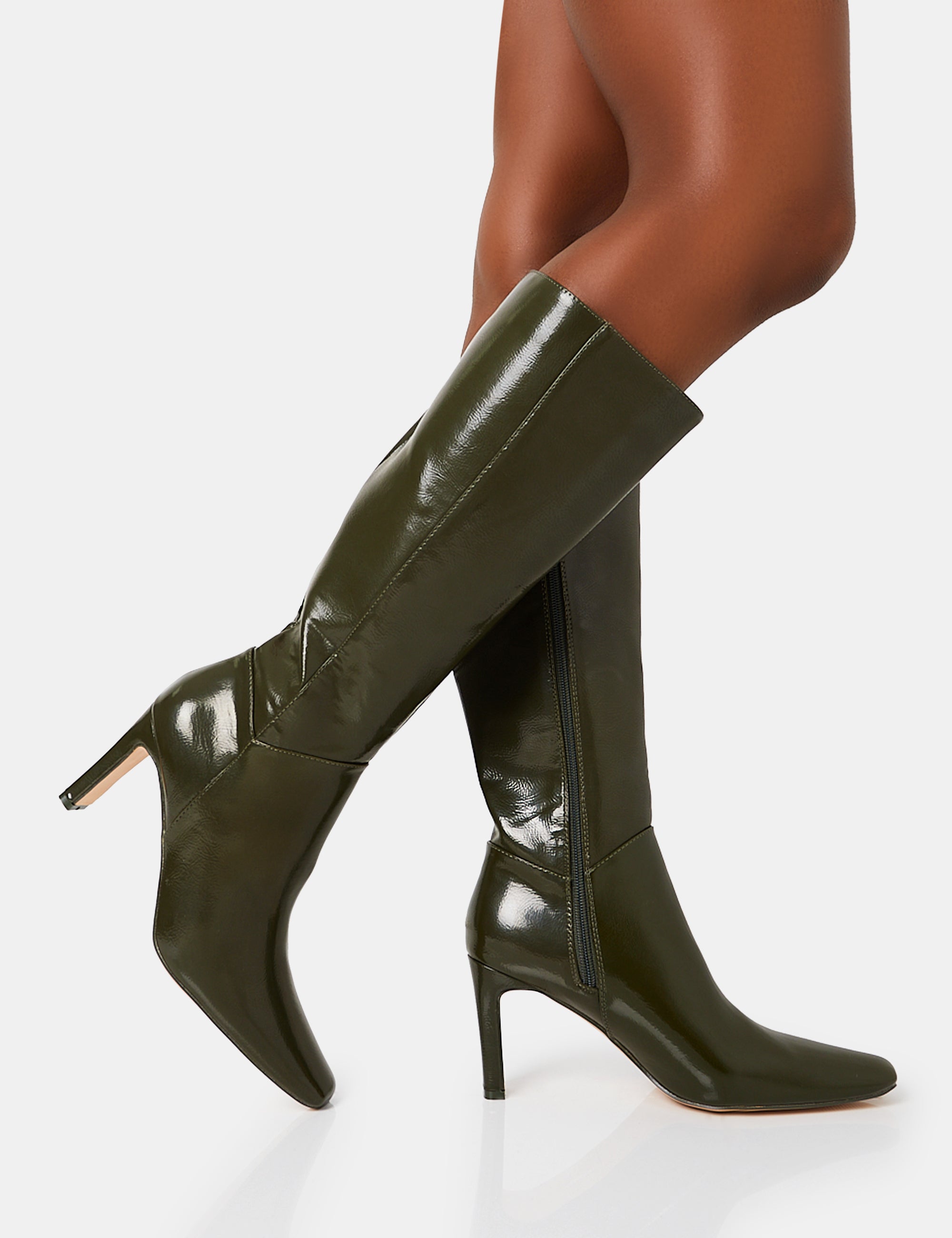 Pose Olive Textured Patent Pu Zip Up Knee High Slim Block Heeled Boots Public Desire