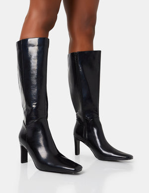 Pose Wide Fit Black Textured Pu Zip Up Knee High Slim Block Heeled Boots