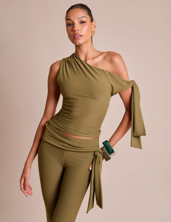 Knot Detail Asymmetric One Shoulder Luxe Slinky Top Khaki