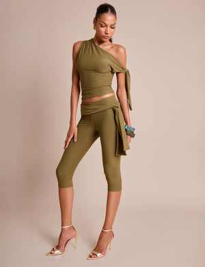 Knot Detail Asymmetric One Shoulder Luxe Slinky Top Khaki