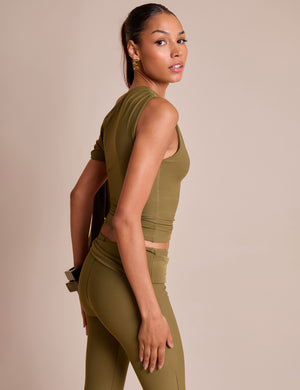 Knot Detail Asymmetric One Shoulder Luxe Slinky Top Khaki