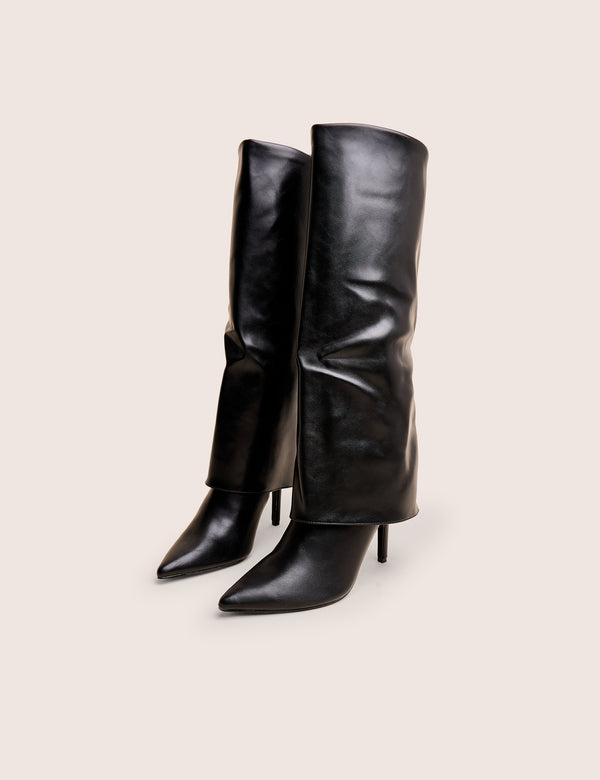 Ralph Black Fold Over Pu Knee High Stiletto Boots