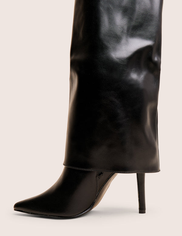 Ralph Black Fold Over Pu Knee High Stiletto Boots