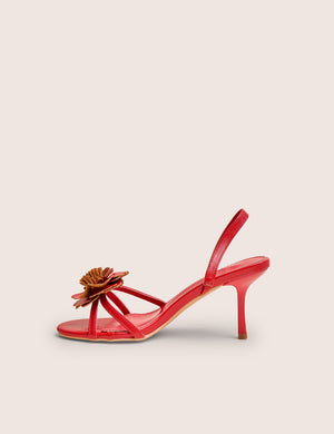 Red Hot Red Pu 3d Flower Sling Back Mid Heels