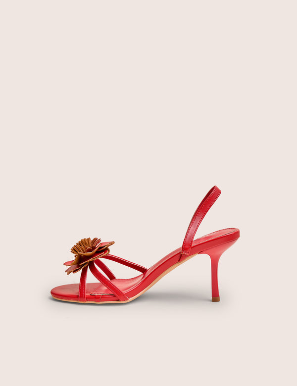 Red Hot Red Pu 3d Flower Sling Back Mid Heels
