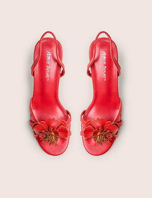 Red Hot Red Pu 3d Flower Sling Back Mid Heels