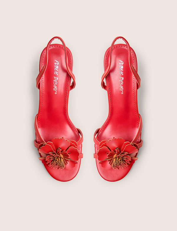 Red Hot Red Pu 3d Flower Sling Back Mid Heels