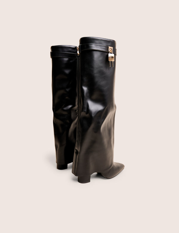 Reese Black Fold Over Pu Knee High Boots